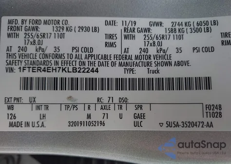 2019 Ford Ranger Xlt z USA, uszkodzony, nr VIN 1FTER4EH7KLB22244